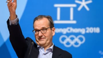 International Olympic Committee (IOC) spokesman Mark Adams gestures during a press briefing for an IOC executive meeting in Pyeongchang on February 3, 2018. / AFP PHOTO / Fabrice COFFRINI (Photo credit should read FABRICE COFFRINI/AFP/Getty Images)