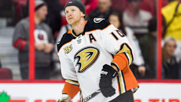 OTTAWA, ON - FEBRUARY 07: Anaheim Ducks Right Wing Corey Perry (10) wears a DFID (Do It For Daron) hat during warm-up before National Hockey League action between the Anaheim Ducks and Ottawa Senators on February 7, 2019, at Canadian Tire Centre in Ottawa, ON, Canada. (Photo by Richard A. Whittaker/Icon Sportswire via Getty Images)