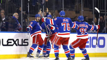 NEW YORK, NY - MAY 09: Chris Kreider #20 of the New York Rangers celebrates with his teammates Brendan Smith #42, Brady Skjei #76 and Mika Zibanejad #93 after scoring a goal against Craig Anderson #41 of the Ottawa Senators during the third period in Game Six of the Eastern Conference Second Round during the 2017 NHL Stanley Cup Playoffs at Madison Square Garden on May 9, 2017 in New York City. (Photo by Bruce Bennett/Getty Images)