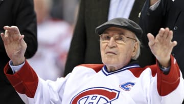 MONTREAL, QC - DECEMBER 4: Emile Bouchard while his jersey finds his place among others great Montreal Canadiens before the NHL game against the Boston Bruins on December 4, 2009 at the Bell Center in Montreal, Quebec, Canada. (Photo by Francois Lacasse/NHLI via Getty Images)