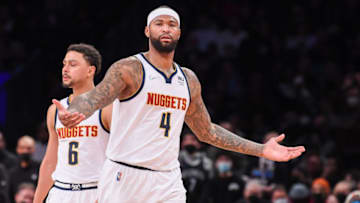 Denver Nuggets guard Bryn Forbes and center DeMarcus Cousins (4) questions a call after a play against the Brooklyn Nets during the fourth quarter at Barclays Center on 26 Jan. 2022. (Dennis Schneidler-USA TODAY Sports)