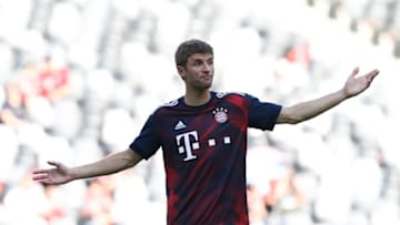 SHENZHEN, CHINA - JULY 22: Thomas Mueller of Muenchen reacts before during the 2017 International Champions Cup China match between FC Bayern and AC Milan at Universiade Sports Centre Stadium on July 22, 2017 in Shenzhen, China. (Photo by Lintao Zhang/Getty Images)