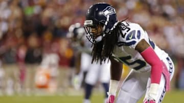 Oct 6, 2014; Landover, MD, USA; Seattle Seahawks cornerback Richard Sherman (25) lines up against the Washington Redskins at FedEx Field. Mandatory Credit: Geoff Burke-USA TODAY Sports