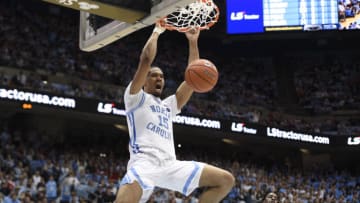 Feb 25, 2020; Chapel Hill, North Carolina, USA; North Carolina Tar Heels forward Garrison Brooks (15) scores in the second half at Dean E. Smith Center. Mandatory Credit: Bob Donnan-USA TODAY Sports