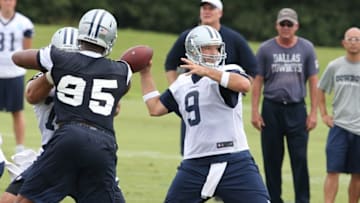 Jun 14, 2016; Irving, TX, USA; Dallas Cowboys quarterback Tony Romo (9) throws during minicamp at Dallas Cowboys Headquarters. Mandatory Credit: Matthew Emmons-USA TODAY Sports