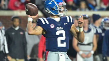 Nov 20, 2021; Oxford, Mississippi, USA; Mississippi Rebels quarterback Matt Corral (2) makes a pass against the Vanderbilt Commodores during the third quarter at Vaught-Hemingway Stadium. Mandatory Credit: Matt Bush-USA TODAY Sports