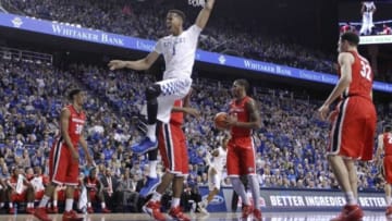 Feb 9, 2016; Lexington, KY, USA; Kentucky Wildcats forward Skal Labissiere (1) reacts after dunk the ball against the Georgia Bulldogs in the first half at Rupp Arena. Kentucky defeated Georgia 82-48. Mandatory Credit: Mark Zerof-USA TODAY Sports