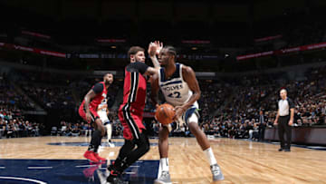 MINNEAPOLIS, MN - NOVEMBER 24: Andrew Wiggins #22 of the Minnesota Timberwolves handles the ball against the Miami Heat on November 24, 2017 at Target Center in Minneapolis, Minnesota. NOTE TO USER: User expressly acknowledges and agrees that, by downloading and or using this Photograph, user is consenting to the terms and conditions of the Getty Images License Agreement. Mandatory Copyright Notice: Copyright 2017 NBAE (Photo by David Sherman/NBAE via Getty Images)