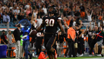 MIAMI, FL - SEPTEMBER 27: Romeo Finley #30 of the Miami Hurricanes runs back an interception for a touchdown in the fourth quarter against the North Carolina Tar Heels at Hard Rock Stadium on September 27, 2018 in Miami, Florida. (Photo by Mark Brown/Getty Images)