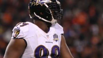 Nov 30, 2015; Cleveland, OH, USA; Baltimore Ravens defensive end Chris Canty (99) against the Cleveland Browns at FirstEnergy Stadium. The Ravens won 33-27. Mandatory Credit: Aaron Doster-USA TODAY Sports