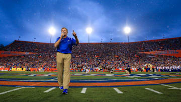 GAINESVILLE, FL - SEPTEMBER 03: Steve Spurrier speaks during a field naming ceremony before the game between the Florida Gators and the Massachusetts Minutemen at Ben Hill Griffin Stadium on September 3, 2016 in Gainesville, Florida. (Photo by Rob Foldy/Getty Images)