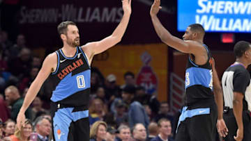 CLEVELAND, OHIO - OCTOBER 26: Kevin Love #0 celebrates with Tristan Thompson #13 of the Cleveland Cavaliers during the first half against the Indiana Pacers at Rocket Mortgage Fieldhouse on October 26, 2019 in Cleveland, Ohio. NOTE TO USER: User expressly acknowledges and agrees that, by downloading and/or using this photograph, user is consenting to the terms and conditions of the Getty Images License Agreement. (Photo by Jason Miller/Getty Images)