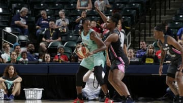 INDIANAPOLIS, IN - AUGUST 20: Tina Charles #31 of the New York Liberty handles the ball against the Indiana Fever on August 20, 2019 at the Bankers Life Fieldhouse in Indianapolis, Indiana. NOTE TO USER: User expressly acknowledges and agrees that, by downloading and or using this photograph, User is consenting to the terms and conditions of the Getty Images License Agreement. Mandatory Copyright Notice: Copyright 2019 NBAE (Photo by Ron Hoskins/NBAE via Getty Images)