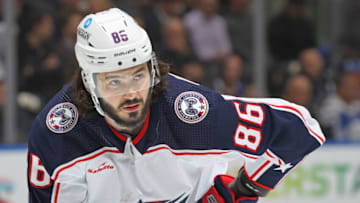 TORONTO, CANADA - APRIL 4: Kirill Marchenko #86 of the Columbus Blue Jackets waits for a puck drop against the Toronto Maple Leafs during an NHL game at Scotiabank Arena on April 4, 2023 in Toronto, Ontario, Canada. The Maple Leafs defeated the Blue Jackets 4-2. (Photo by Claus Andersen/Getty Images)
