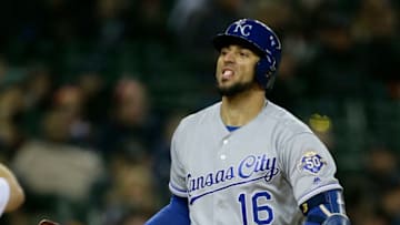 DETROIT, MI - APRIL 20: Paulo Orlando #16 of the Kansas City Royals reacts after striking out against the Detroit Tigers during the sixth inning of game two of a doubleheader at Comerica Park on April 20, 2018 in Detroit, Michigan. The Royals defeated the Tigers 3-2. (Photo by Duane Burleson/Getty Images)