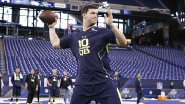 Feb 23, 2014; Indianapolis, IN, USA; Alabama Crimson Tide quarterback A.J. McCarron throws the ball during the 2014 NFL Combine at Lucas Oil Stadium. Mandatory Credit: Brian Spurlock-USA TODAY Sports