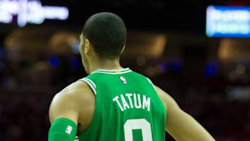 PHILADELPHIA, PA - OCTOBER 20: Jayson Tatum #0 of the Boston Celtics looks on against the Philadelphia 76ers at the Wells Fargo Center on October 20, 2017 in Philadelphia, Pennsylvania. NOTE TO USER: User expressly acknowledges and agrees that, by downloading and or using this photograph, User is consenting to the terms and conditions of the Getty Images License Agreement. (Photo by Mitchell Leff/Getty Images)