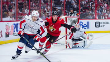OTTAWA, ON - OCTOBER 05: Washington Capitals Center Lars Eller (20) stickhandles the puck against Ottawa Senators Center Jean-Gabriel Pageau (44) during the NHL game between the Ottawa Senators and the Washington Capitals on October 5, 2017 at the Canadian Tire Centre in Ottawa, Ontario, Canada. (Photo by Steven Kingsman/Icon Sportswire via Getty Images)