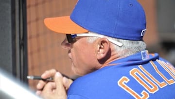 Sep 15, 2013; New York, NY, USA; New York Mets manager Terry Collins (10) looks on during the fifth inning against the Miami Marlins at Citi Field. Mandatory Credit: Joe Camporeale-USA TODAY Sports