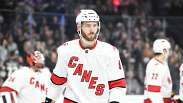 LOS ANGELES, CA - OCTOBER 15: Carolina Hurricanes defenseman Joel Edmundson (6) during their game against the Los Angeles Kings on October 15, 2019, at Staples Center in Los Angeles, CA. (Photo by Rob Curtis/Icon Sportswire via Getty Images)