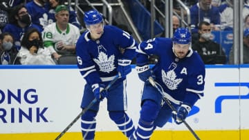 May 4, 2022; Toronto, Ontario, CAN; Toronto Maple Leafs forward Mitchell Marner (16) and Toronto Maple Leafs forward Auston Matthews (34) breakout of their zone against the Tampa Bay Lightning during the second period of game two of the first round of the 2022 Stanley Cup Playoffs at Scotiabank Arena. Mandatory Credit: John E. Sokolowski-USA TODAY Sports