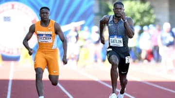 Jul 3, 2016; Eugene, OR, USA; Christian Coleman (left) and Justin Gatlin (right) compete during the men s 100m semifinals heats in the 2016 U.S. Olympic track and field team trials at Hayward Field. Mandatory Credit: James Lang-USA TODAY Sports