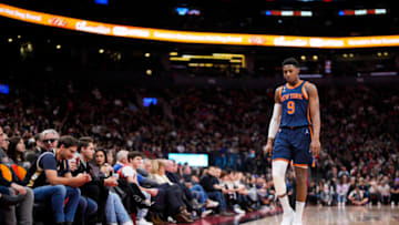 TORONTO, ON - JANUARY 22: R.J. Barrett #9 of the New York Knicks looks on against the Toronto Raptors during the first half of their basketball game at the Scotiabank Arena on January 22, 2023 in Toronto, Ontario, Canada. NOTE TO USER: User expressly acknowledges and agrees that, by downloading and/or using this Photograph, user is consenting to the terms and conditions of the Getty Images License Agreement. (Photo by Mark Blinch/Getty Images)
