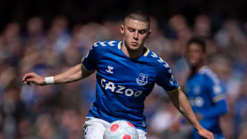 LIVERPOOL, ENGLAND - APRIL 09: Vitalii Mykolenko of Everton in action during the Premier League match between Everton and Manchester United at Goodison Park on April 9, 2022 in Liverpool, United Kingdom. (Photo by Visionhaus/Getty Images)