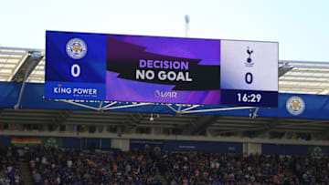 LEICESTER, ENGLAND - SEPTEMBER 21: A 'no goal' VAR decision is displayed on the scoreboard during the Premier League match between Leicester City and Tottenham Hotspur at The King Power Stadium on September 21, 2019 in Leicester, United Kingdom. (Photo by Stephen Pond/Getty Images)