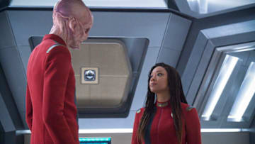 Pictured: Doug Jones as Saru and Sonequa Martin-Green as Burnham of the Paramount+ original series STAR TREK: DISCOVERY. Photo Cr: Michael Gibson/Paramount+ © 2021 CBS Interactive. All Rights Reserved.