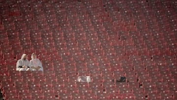 LOUISVILLE, KY - SEPTEMBER 08: Fans sit in the stands as the game is suspended at the Louisvillle Cardinals against the Indiana State Sycamores on September 8, 2018 in Louisville, Kentucky. (Photo by Andy Lyons/Getty Images)