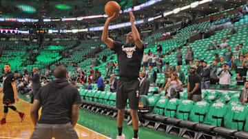 BOSTON - APRIL 18: Chicago Bulls' Rajon Rondo works on his 3-point shot before the Boston Celtics play the Chicago Bulls at game 2 of the first round of the NBA Playoffs at TD Garden in Boston on Apr. 18, 2017. (Photo by Matthew J. Lee/The Boston Globe via Getty Images)