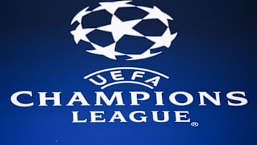 This photograph taken on December 7, 2020 shows the UEFA Champions League logo ahead of a training session on the eve of the UEFA Champions League group H football match between Paris Saint Germain (PSG) and Istanbul Basaksehir FK in Paris. (Photo by FRANCK FIFE / AFP) (Photo by FRANCK FIFE/AFP via Getty Images)