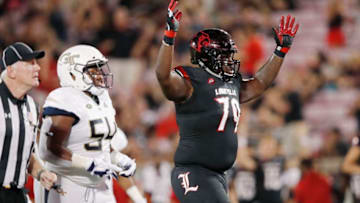 LOUISVILLE, KY - OCTOBER 05: Kenny Thomas #79 of the Louisville Cardinals celebrates after a touchdown in the first half of the game against the Georgia Tech Yellow Jackets at Cardinal Stadium on October 5, 2018 in Louisville, Kentucky. (Photo by Joe Robbins/Getty Images)