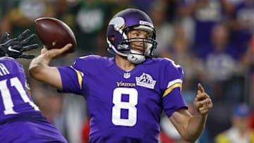 Sep 18, 2016; Minneapolis, MN, USA; Minnesota Vikings quarterback Sam Bradford (8) against the Green Bay Packers in the first quarter at U.S. Bank Stadium. Mandatory Credit: Bruce Kluckhohn-USA TODAY Sports