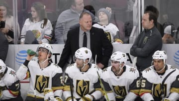 CHICAGO, IL - NOVEMBER 27: Vegas Golden Knights head coach Gerard Gallant looks on in first period action during a NHL game between the Chicago Blackhawks and the Vegas Golden Knights on November 27, 2018 at the United Center, in Chicago, Illinois. (Photo by Robin Alam/Icon Sportswire via Getty Images)
