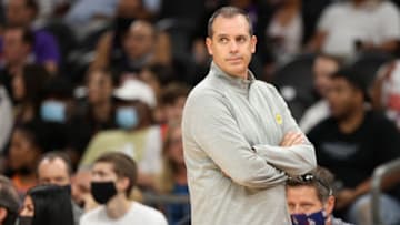 PHOENIX, ARIZONA - OCTOBER 06: Head coach Frank Vogel of the Los Angeles Lakers reacts during the second half of the NBA preseason game against the Phoenix Suns at Footprint Center on October 06, 2021 in Phoenix, Arizona. The Suns defeated the Lakers 117-105. NOTE TO USER: User expressly acknowledges and agrees that, by downloading and or using this photograph, User is consenting to the terms and conditions of the Getty Images License Agreement. (Photo by Christian Petersen/Getty Images)