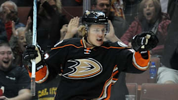 February 2, 2016; Anaheim, CA, USA; Anaheim Ducks defenseman Hampus Lindholm (47) celebrates his goal scored against San Jose Sharks during the second period at Honda Center. Mandatory Credit: Gary A. Vasquez-USA TODAY Sports