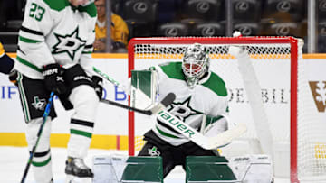 Oct 13, 2022; Nashville, Tennessee, USA; Dallas Stars goaltender Jake Oettinger (29) makes a save during the third period against the Nashville Predators at Bridgestone Arena. Mandatory Credit: Christopher Hanewinckel-USA TODAY Sports