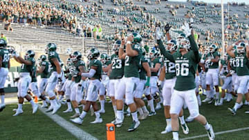 Sep 2, 2016; East Lansing, MI, USA;The Michigan State Spartans take the field before a game against the Furman Paladins at Spartan Stadium. Mandatory Credit: Mike Carter-USA TODAY Sports