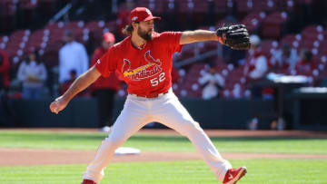 ST LOUIS, MISSOURI - OCTOBER 12: Michael Wacha #52 outfield the St. Louis Cardinals throws during batting practice prior to the start of game two of the National League Championship Series between the Washington Nationals and the St. Louis Cardinals at Busch Stadium on October 12, 2019 in St Louis, Missouri. (Photo by Scott Kane/Getty Images)