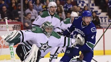 Nov 13, 2016; Vancouver, British Columbia, CAN; Dallas Stars goaltender Kari Lehtonen (32) and defenseman John Klingberg (3) defend against Vancouver Canucks forward Sven Baertschi (47) during the first period at Rogers Arena. Mandatory Credit: Anne-Marie Sorvin-USA TODAY Sports