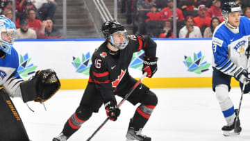 EDMONTON, AB - AUGUST 20: Connor Bedard #16 of Canada skates during the gold medal game against Finland in the IIHF World Junior Championship on August 20, 2022 at Rogers Place in Edmonton, Alberta, Canada (Photo by Andy Devlin/ Getty Images)