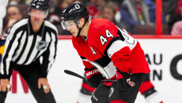 OTTAWA, ON - DECEMBER 23: Ottawa Senators center Jean-Gabriel Pageau (44) waits for a face-off during second period National Hockey League action between the Buffalo Sabres and Ottawa Senators on December 23, 2019, at Canadian Tire Centre in Ottawa, ON, Canada. (Photo by Richard A. Whittaker/Icon Sportswire via Getty Images)