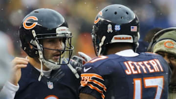 Nov 16, 2014; Chicago, IL, USA; Chicago Bears quarterback Jay Cutler (6) and Chicago Bears wide receiver Alshon Jeffery (17) on the sidelines after Jeffrey scored a touchdown in the second quarter of their game against the Minnesota Vikings at Soldier Field. Mandatory Credit: Matt Marton-USA TODAY Sports