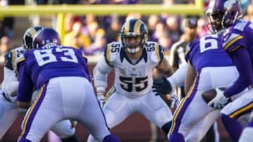 Nov 8, 2015; Minneapolis, MN, USA; St. Louis Rams linebacker James Laurinaitis (55) against the Minnesota Vikings at TCF Bank Stadium. The Vikings defeated the Rams 21-18. Mandatory Credit: Brace Hemmelgarn-USA TODAY Sports