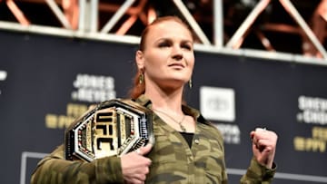 LAS VEGAS, NEVADA - DECEMBER 13: Valentina Shevchenko poses on stage during the UFC 247 Press Conference at T-Mobile Arena on December 13, 2019 in Las Vegas, Nevada. (Photo by Chris Unger/Zuffa LLC via Getty Images)