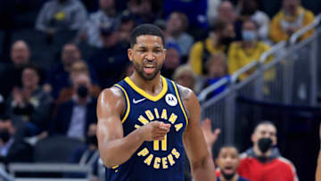 INDIANAPOLIS, INDIANA - FEBRUARY 16: Tristan Thompson #11 of the Indiana Pacers reacts after a play in the game against the Washington Wizards at Gainbridge Fieldhouse on February 16, 2022 in Indianapolis, Indiana. NOTE TO USER: User expressly acknowledges and agrees that, by downloading and or using this Photograph, user is consenting to the terms and conditions of the Getty Images License Agreement. (Photo by Justin Casterline/Getty Images)