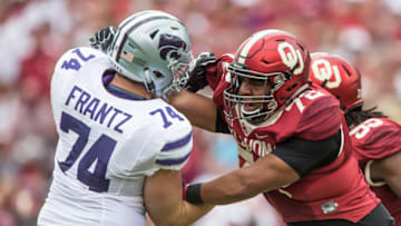 October 15, 2016: Oklahoma Sooners defensive end Amani Bledsoe (72) and Kansas State Wildcats offensive lineman Scott Frantz (74) face off during the NCAA Big 12 conference game between the Kansas State Wildcats and the Oklahoma Sooners at Gaylord Family Memorial Stadium in Norman, Oklahoma. Oklahoma defeated Kansas State 38-17 (Photo by William Purnell/Icon Sportswire via Getty Images)