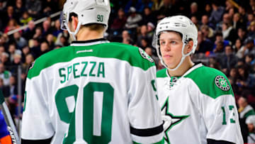 NEW YORK, NY - JANUARY 03: Jason Spezza #90 and Mattias Janmark #13 of the Dallas Stars speak during a time-out against the New York Islanders at Barclays Center on January 3, 2016 in New York City. The New York Islanders defeated the Dallas Stars 6-5. (Photo by Steven Ryan/NHLI via Getty Images)